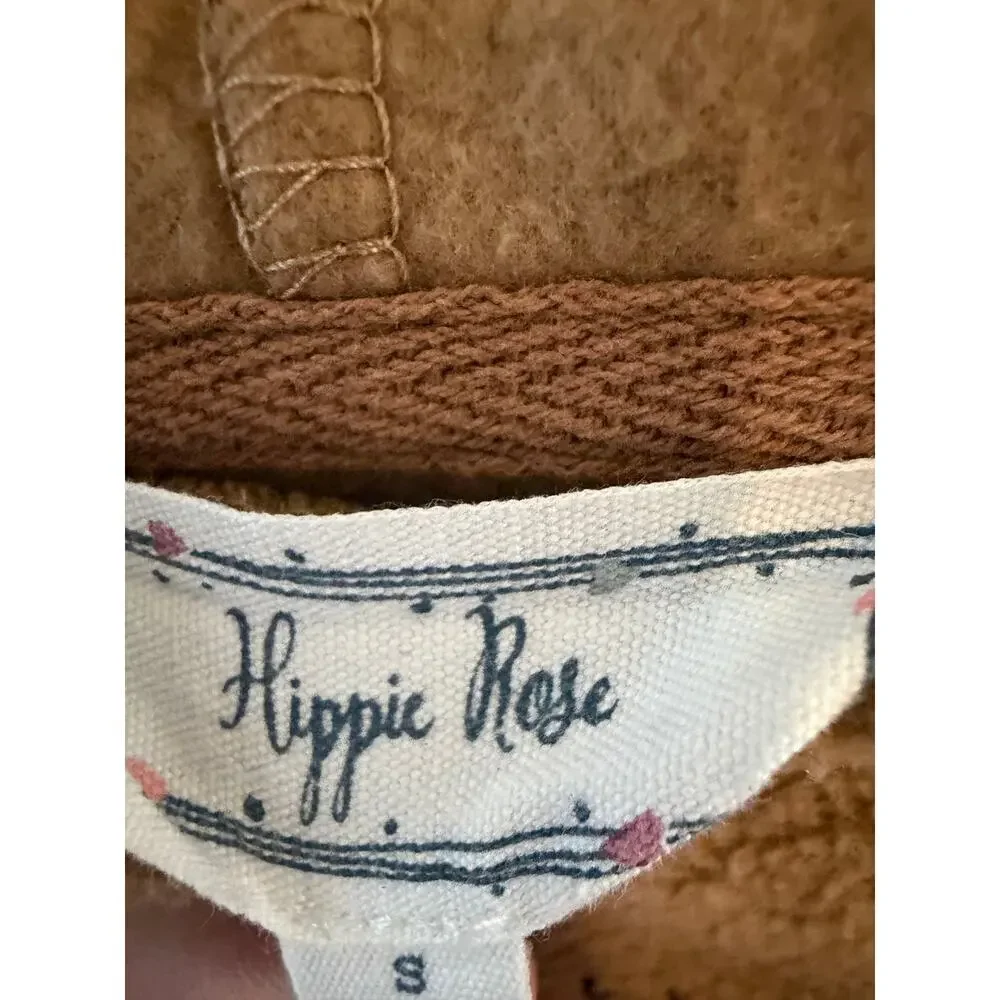 Hippie Rose Cropped Fleece Hoodie Brown Sun Graphic Pullover Sweatshirt Size S - Picture 3 of 5